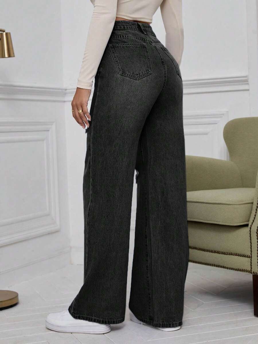 SHEIN ICON High Waist Ripped Wide Leg Jeans,Ladies Casual Button,Pocket,Ripped,Zipper High Waist Wide Leg Extra Long Medium Wash Cotton Loose Women Jeans,Spring/Fall,Casual Daily Wear