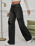 SHEIN ICON High Waist Ripped Wide Leg Jeans,Ladies Casual Button,Pocket,Ripped,Zipper High Waist Wide Leg Extra Long Medium Wash Cotton Loose Women Jeans,Spring/Fall,Casual Daily Wear