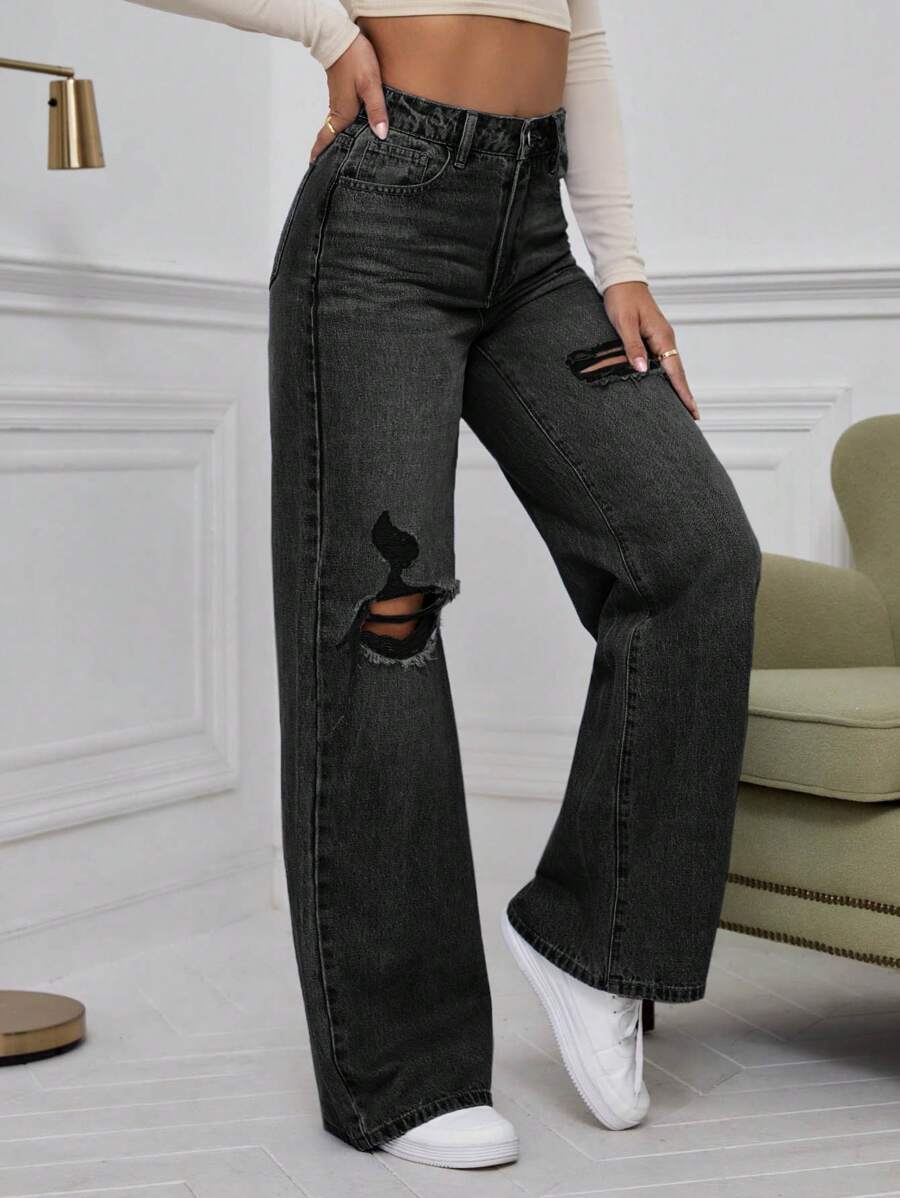 SHEIN ICON High Waist Ripped Wide Leg Jeans,Ladies Casual Button,Pocket,Ripped,Zipper High Waist Wide Leg Extra Long Medium Wash Cotton Loose Women Jeans,Spring/Fall,Casual Daily Wear