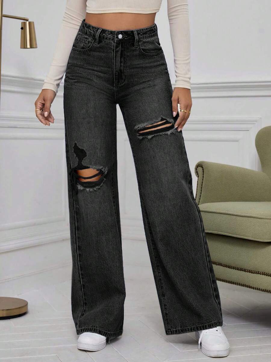 SHEIN ICON High Waist Ripped Wide Leg Jeans,Ladies Casual Button,Pocket,Ripped,Zipper High Waist Wide Leg Extra Long Medium Wash Cotton Loose Women Jeans,Spring/Fall,Casual Daily Wear