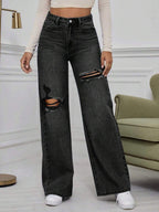 SHEIN ICON High Waist Ripped Wide Leg Jeans,Ladies Casual Button,Pocket,Ripped,Zipper High Waist Wide Leg Extra Long Medium Wash Cotton Loose Women Jeans,Spring/Fall,Casual Daily Wear