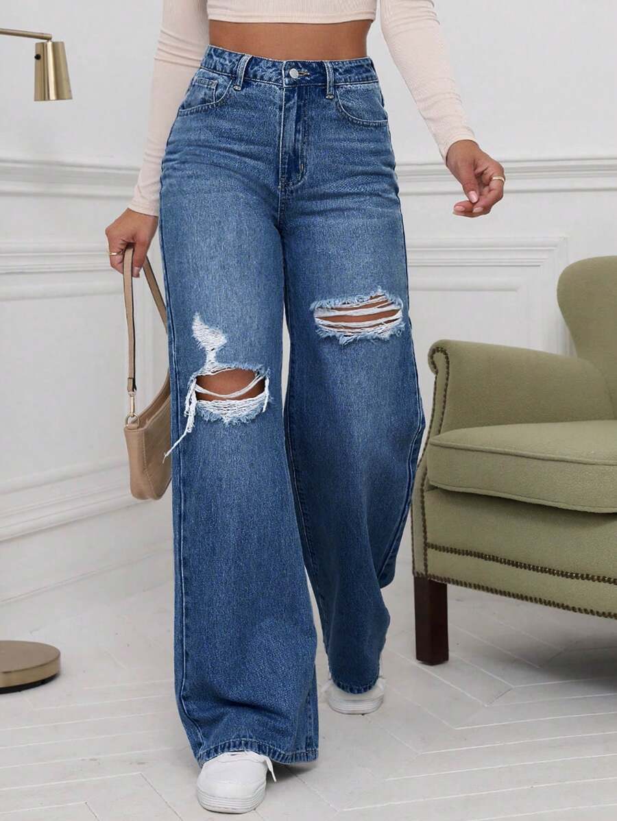 SHEIN ICON High Waist Ripped Wide Leg Jeans,Ladies Casual Button,Pocket,Ripped,Zipper High Waist Wide Leg Extra Long Medium Wash Cotton Loose Women Jeans,Spring/Fall,Casual Daily Wear