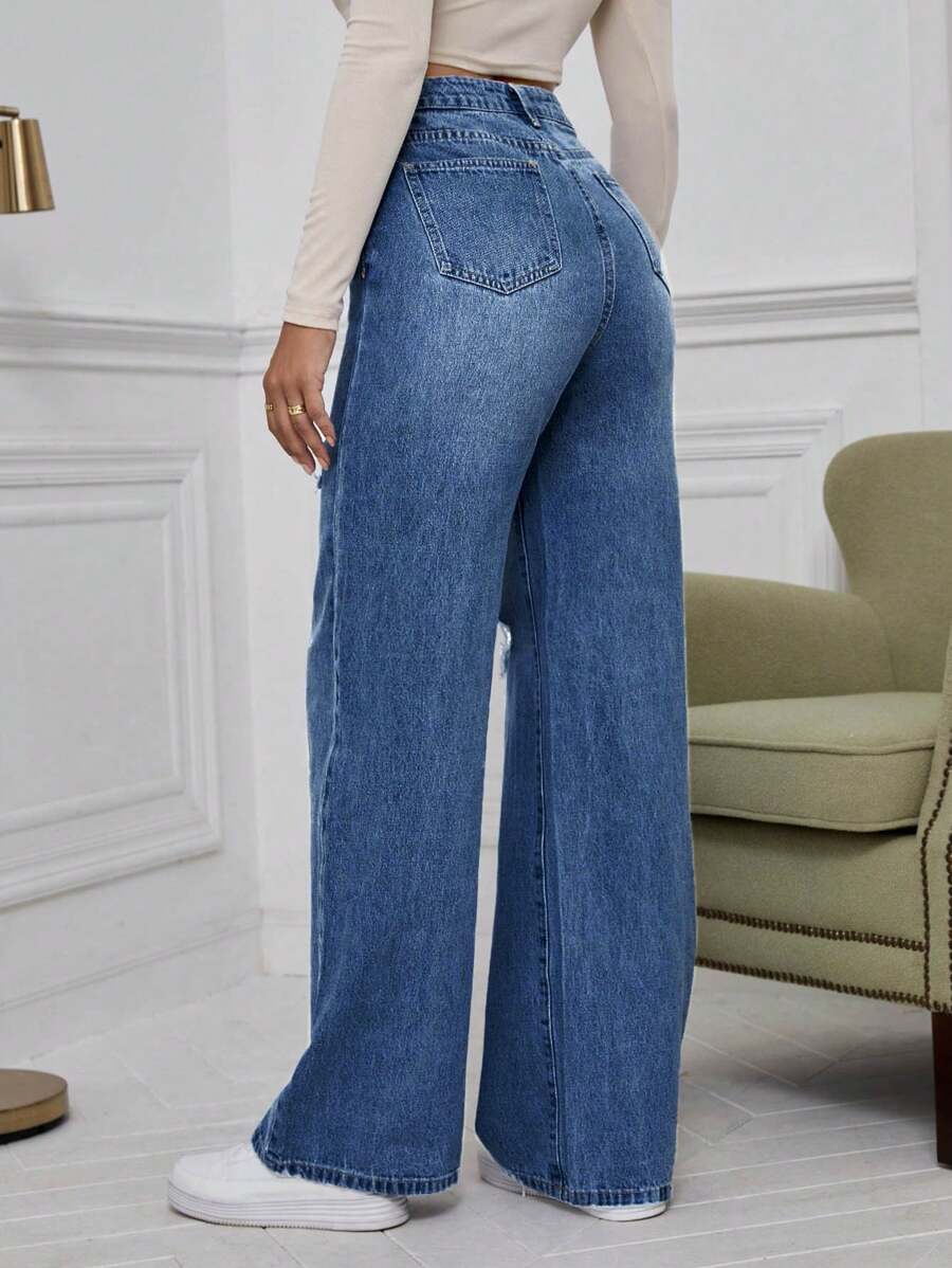 SHEIN ICON High Waist Ripped Wide Leg Jeans,Ladies Casual Button,Pocket,Ripped,Zipper High Waist Wide Leg Extra Long Medium Wash Cotton Loose Women Jeans,Spring/Fall,Casual Daily Wear
