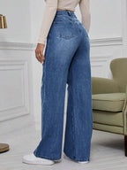 SHEIN ICON High Waist Ripped Wide Leg Jeans,Ladies Casual Button,Pocket,Ripped,Zipper High Waist Wide Leg Extra Long Medium Wash Cotton Loose Women Jeans,Spring/Fall,Casual Daily Wear