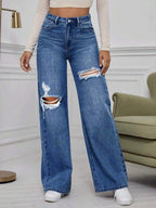 SHEIN ICON High Waist Ripped Wide Leg Jeans,Ladies Casual Button,Pocket,Ripped,Zipper High Waist Wide Leg Extra Long Medium Wash Cotton Loose Women Jeans,Spring/Fall,Casual Daily Wear