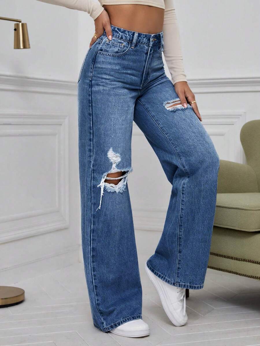 SHEIN ICON High Waist Ripped Wide Leg Jeans,Ladies Casual Button,Pocket,Ripped,Zipper High Waist Wide Leg Extra Long Medium Wash Cotton Loose Women Jeans,Spring/Fall,Casual Daily Wear