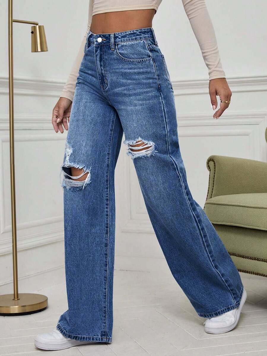 SHEIN ICON High Waist Ripped Wide Leg Jeans,Ladies Casual Button,Pocket,Ripped,Zipper High Waist Wide Leg Extra Long Medium Wash Cotton Loose Women Jeans,Spring/Fall,Casual Daily Wear
