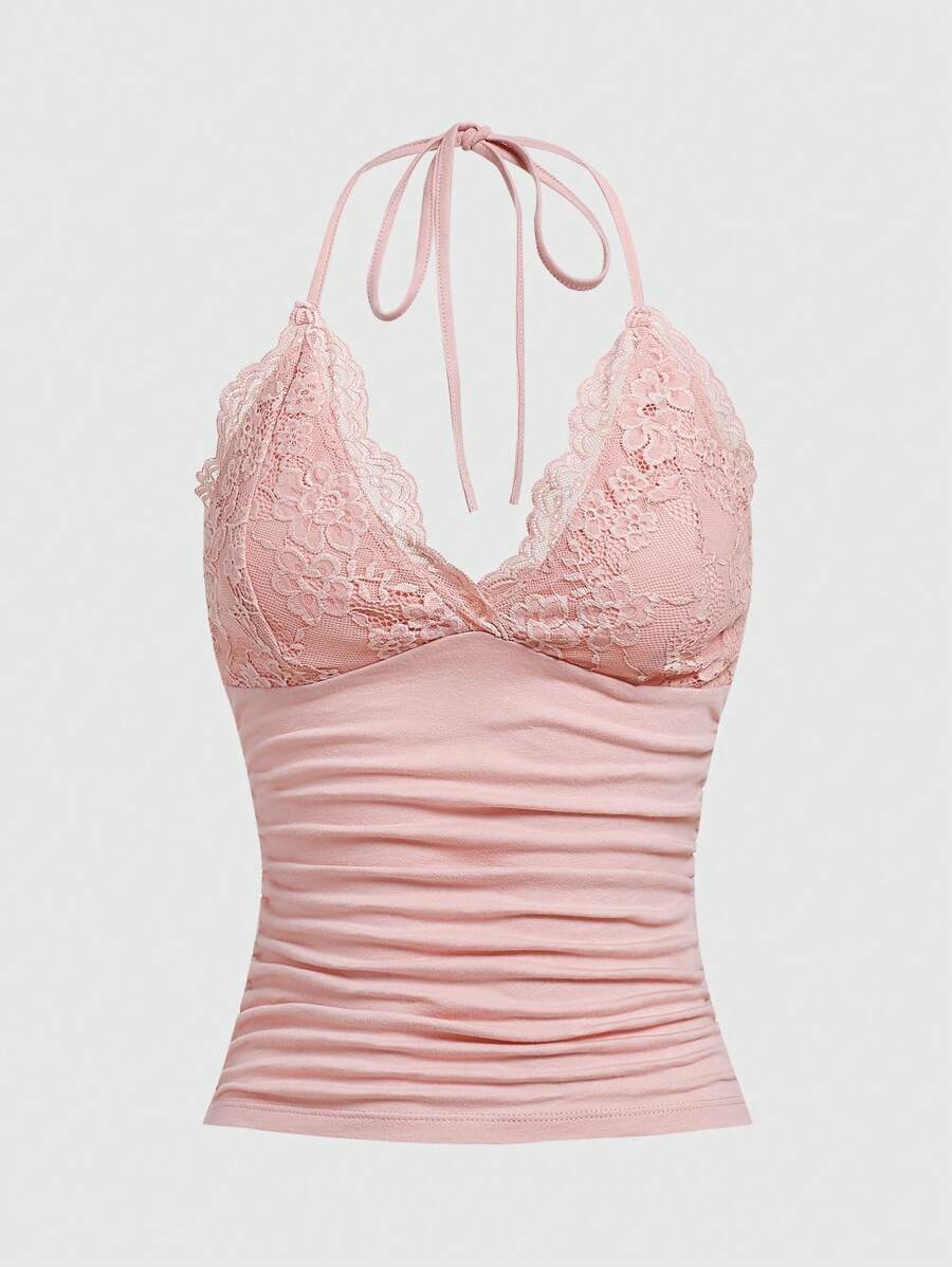 ROMWE PUNK Contrast Lace Ruched Halter Top