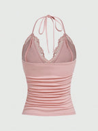 ROMWE PUNK Contrast Lace Ruched Halter Top