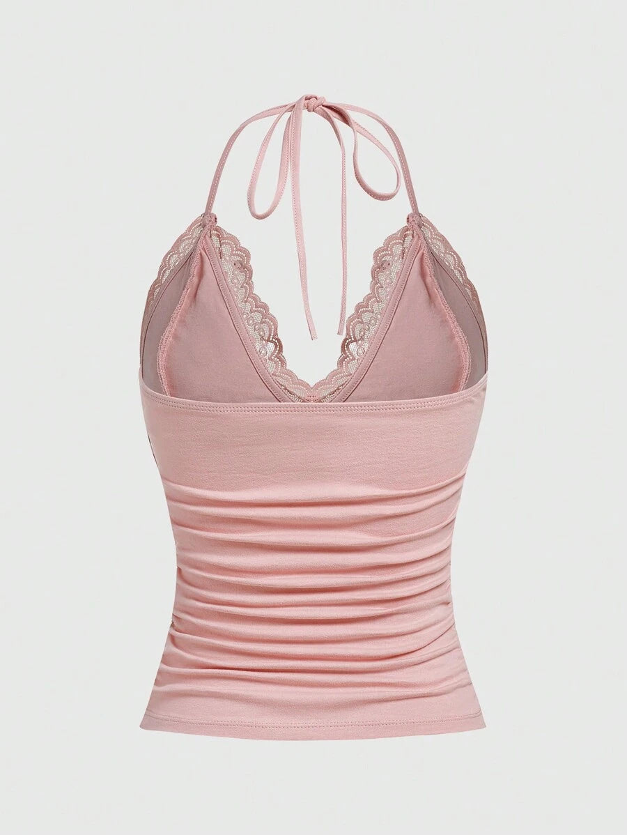 ROMWE PUNK Contrast Lace Ruched Halter Top