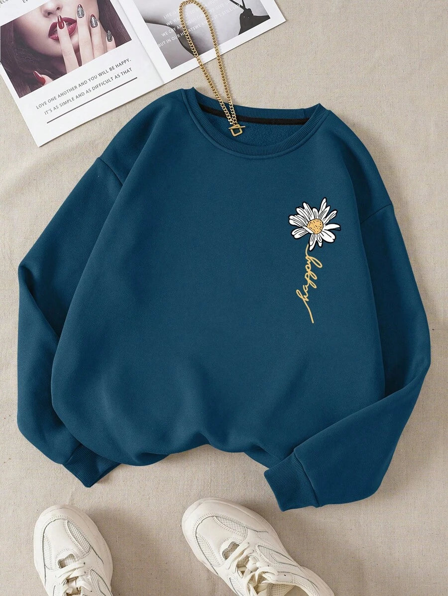 INAWLY Letter & Floral Print Thermal Pullover,Long Sleeve Tops Graduation,Back To School Outfits,Graduation,Teacher Outfits For Women,Back To School  Fall Outfit