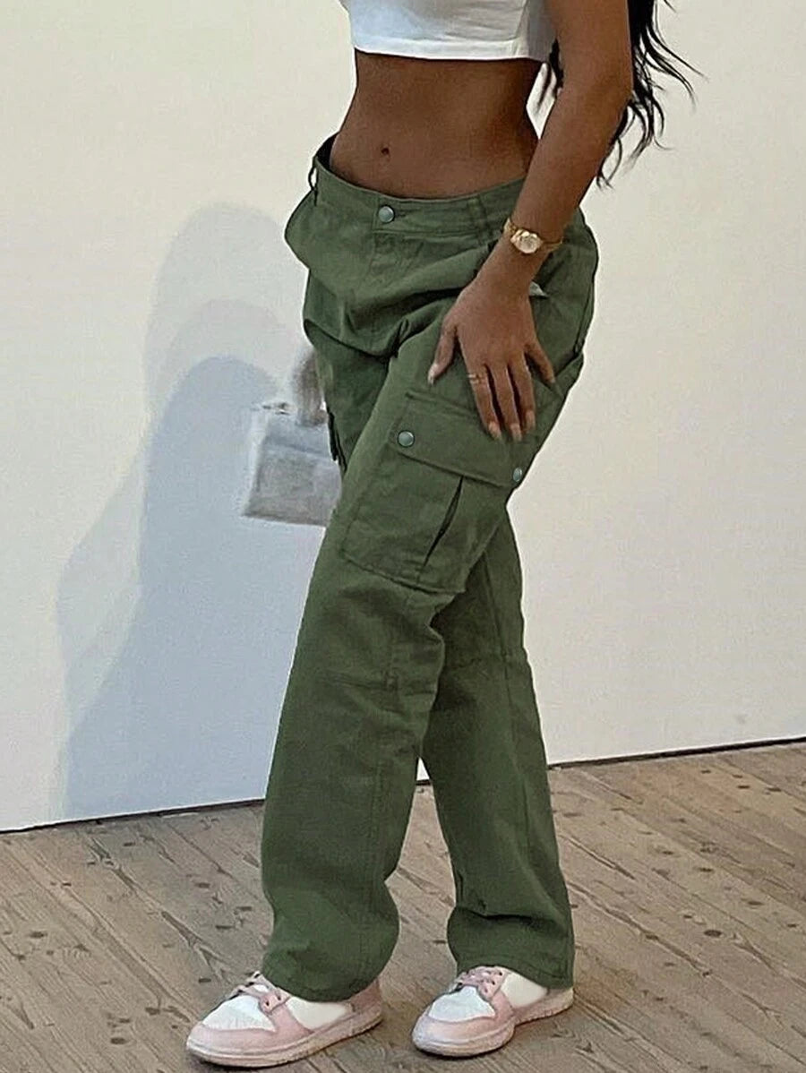 GILIPUR New Solid Color Women's Cargo Wide-Leg Pants, Elastic Waist Design, Multiple Pockets, Casual Style, Y2K Style, Elegant And Fashionable, Suitable Streetwear, 2000s Style, Autumn And Winter Outfits, Retro Clothing Style Perfect For New Year Winter And Thanksgiving