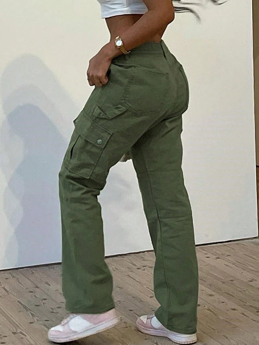 GILIPUR New Solid Color Women's Cargo Wide-Leg Pants, Elastic Waist Design, Multiple Pockets, Casual Style, Y2K Style, Elegant And Fashionable, Suitable Streetwear, 2000s Style, Autumn And Winter Outfits, Retro Clothing Style Perfect For New Year Winter And Thanksgiving