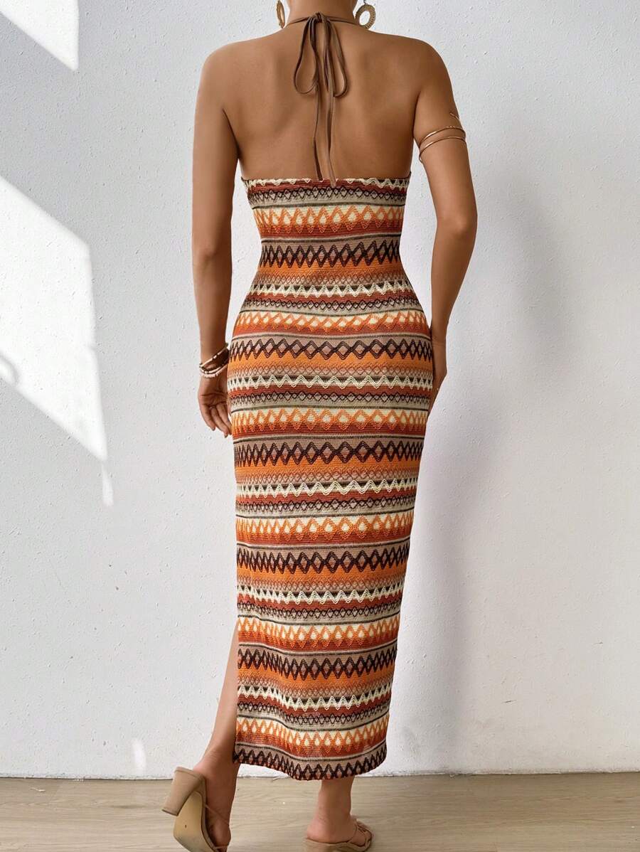 Breezaya Sleeveless Halter Neck Countryside Style Dress With High Side Split Maxi Women Outfit