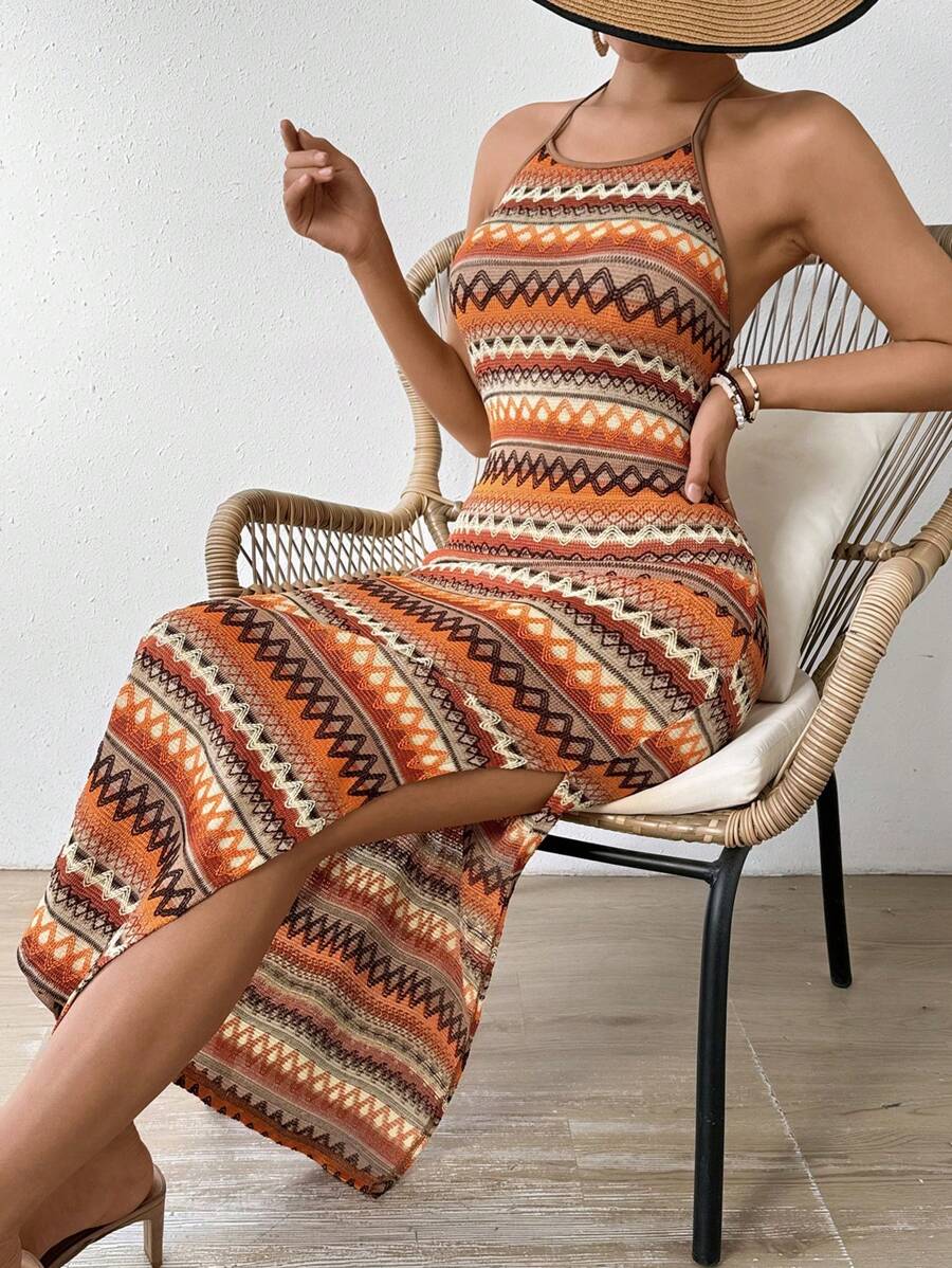 Breezaya Sleeveless Halter Neck Countryside Style Dress With High Side Split Maxi Women Outfit