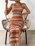 Breezaya Sleeveless Halter Neck Countryside Style Dress With High Side Split Maxi Women Outfit