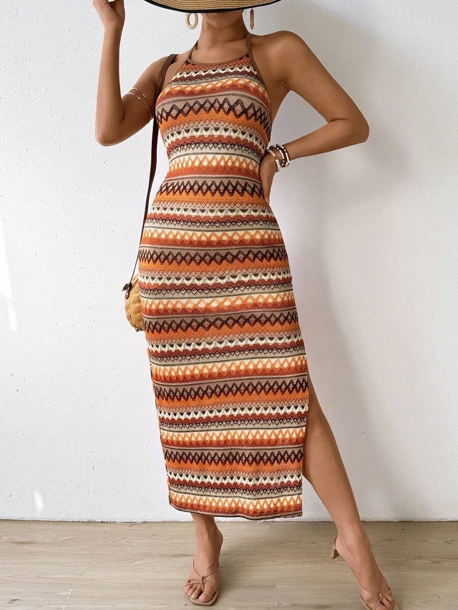 Breezaya Sleeveless Halter Neck Countryside Style Dress With High Side Split Maxi Women Outfit
