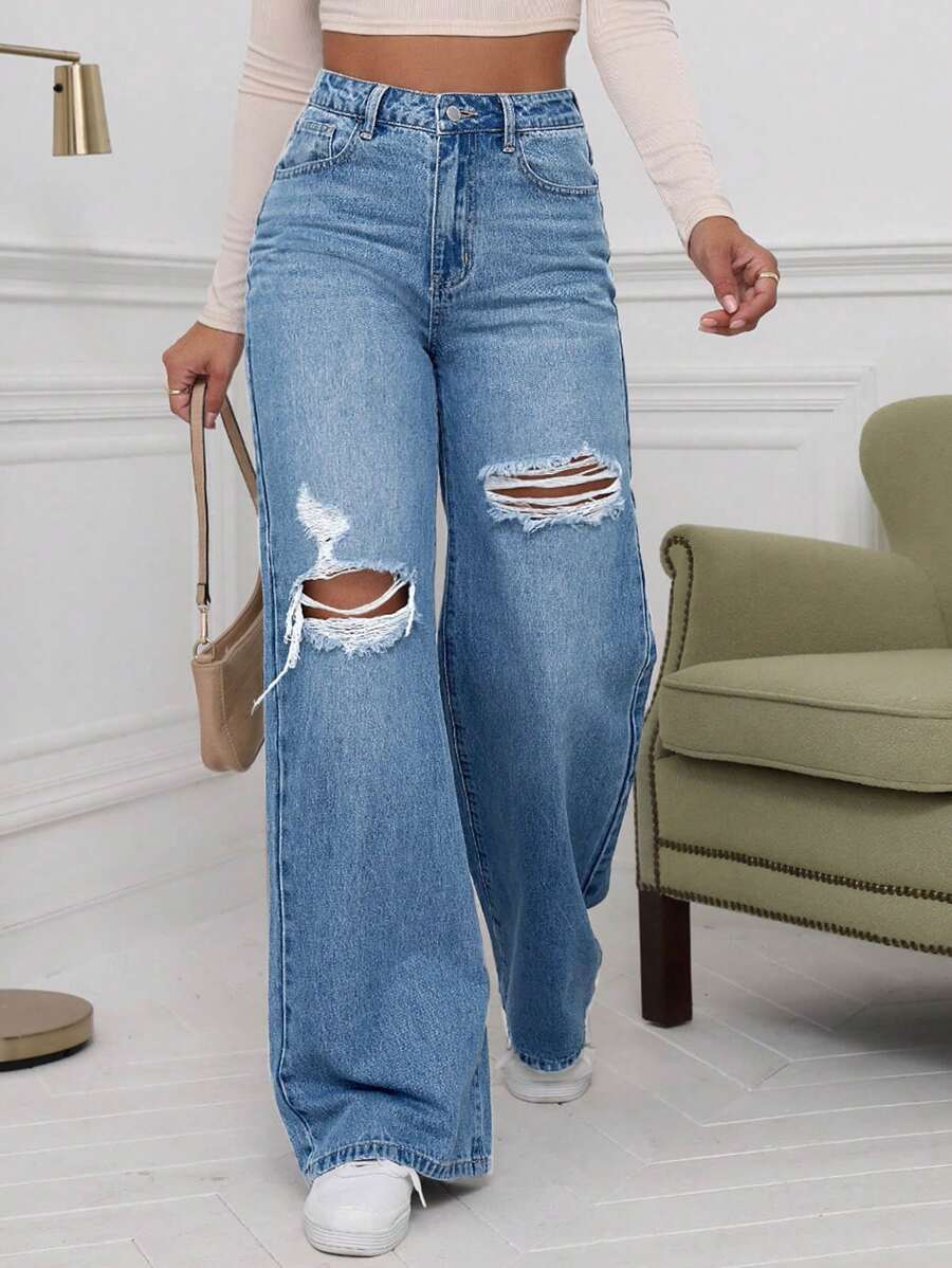 SHEIN ICON High Waist Ripped Wide Leg Jeans,Ladies Casual Button,Pocket,Ripped,Zipper High Waist Wide Leg Extra Long Medium Wash Cotton Loose Women Jeans,Spring/Fall,Casual Daily Wear