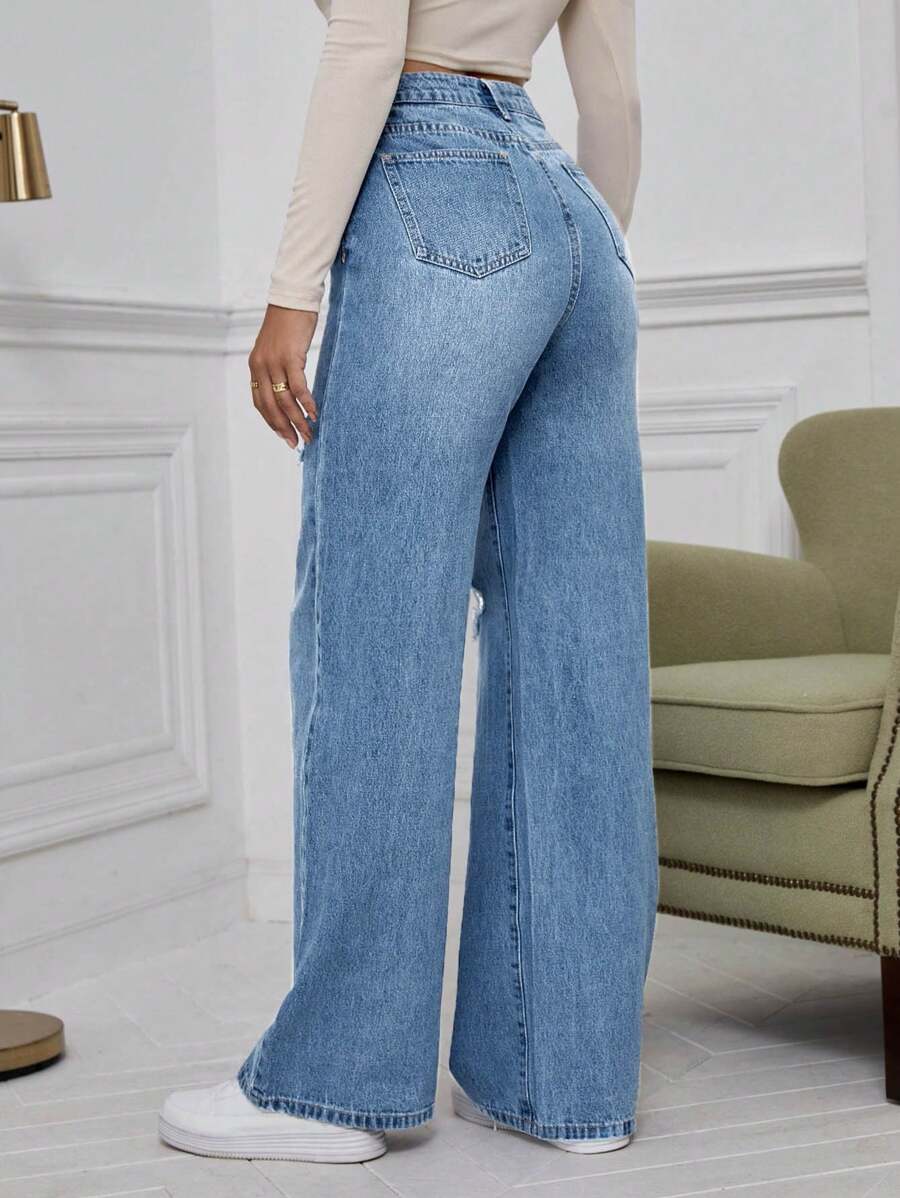 SHEIN ICON High Waist Ripped Wide Leg Jeans,Ladies Casual Button,Pocket,Ripped,Zipper High Waist Wide Leg Extra Long Medium Wash Cotton Loose Women Jeans,Spring/Fall,Casual Daily Wear