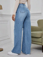 SHEIN ICON High Waist Ripped Wide Leg Jeans,Ladies Casual Button,Pocket,Ripped,Zipper High Waist Wide Leg Extra Long Medium Wash Cotton Loose Women Jeans,Spring/Fall,Casual Daily Wear