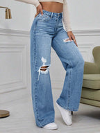 SHEIN ICON High Waist Ripped Wide Leg Jeans,Ladies Casual Button,Pocket,Ripped,Zipper High Waist Wide Leg Extra Long Medium Wash Cotton Loose Women Jeans,Spring/Fall,Casual Daily Wear