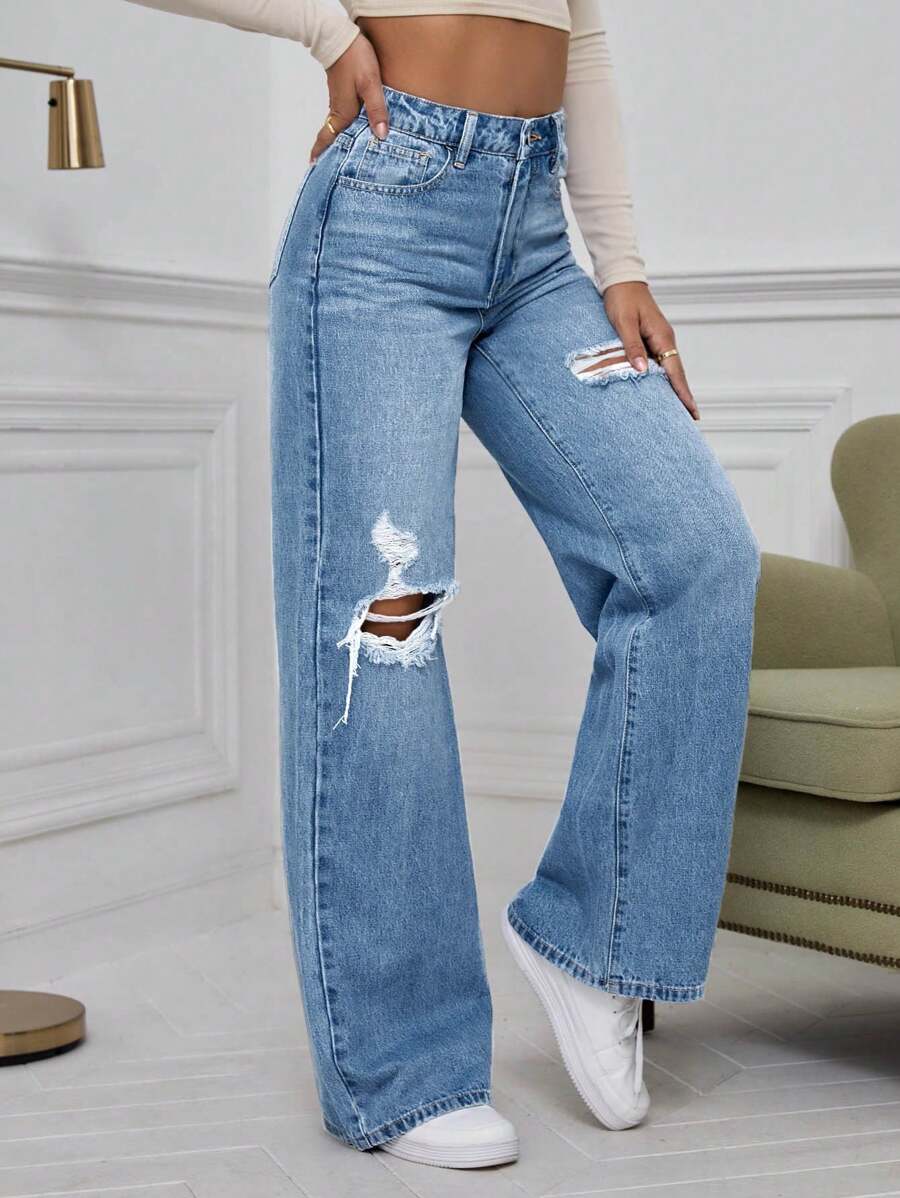 SHEIN ICON High Waist Ripped Wide Leg Jeans,Ladies Casual Button,Pocket,Ripped,Zipper High Waist Wide Leg Extra Long Medium Wash Cotton Loose Women Jeans,Spring/Fall,Casual Daily Wear