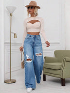 SHEIN ICON High Waist Ripped Wide Leg Jeans,Ladies Casual Button,Pocket,Ripped,Zipper High Waist Wide Leg Extra Long Medium Wash Cotton Loose Women Jeans,Spring/Fall,Casual Daily Wear