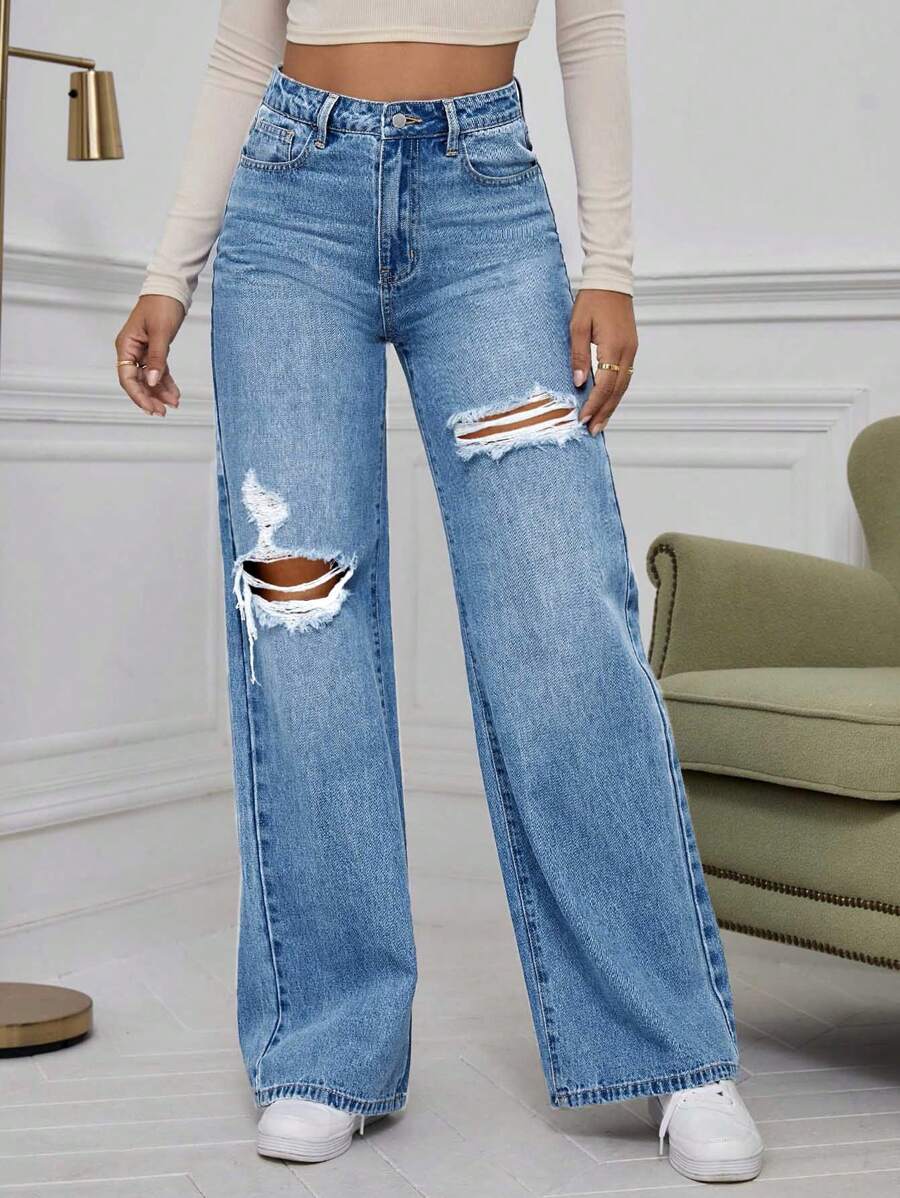 SHEIN ICON High Waist Ripped Wide Leg Jeans,Ladies Casual Button,Pocket,Ripped,Zipper High Waist Wide Leg Extra Long Medium Wash Cotton Loose Women Jeans,Spring/Fall,Casual Daily Wear