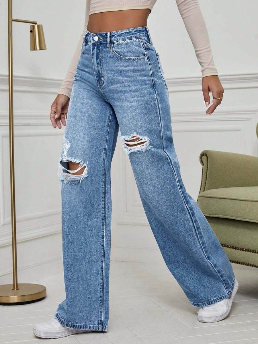 SHEIN ICON High Waist Ripped Wide Leg Jeans,Ladies Casual Button,Pocket,Ripped,Zipper High Waist Wide Leg Extra Long Medium Wash Cotton Loose Women Jeans,Spring/Fall,Casual Daily Wear