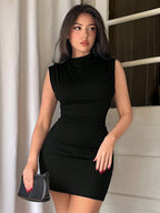 Firerie Solid Color Pleated Bodycon Sleeveless Dress,Summer Dresses For Women Black Bodycon Dress Summer Dresses For Women Carnival Outfit Carnival Dress Black Dress Valentines Day Dress Going Out Outfits