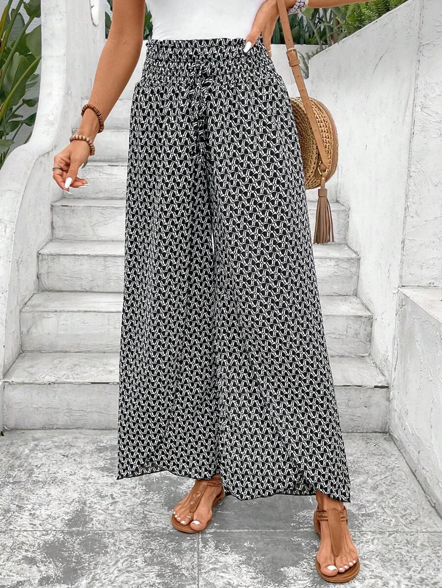 SHEIN Frenchy Allover Print Knot Waist Tulip Hem Wide Leg Baggy Cross Over Pants Winter Chic Brown Casual Spring