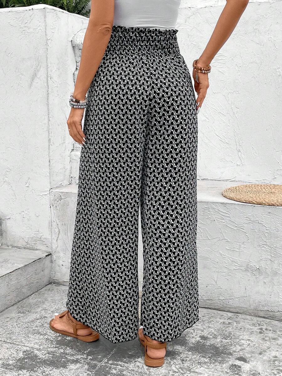 SHEIN Frenchy Allover Print Knot Waist Tulip Hem Wide Leg Baggy Cross Over Pants Winter Chic Brown Casual Spring