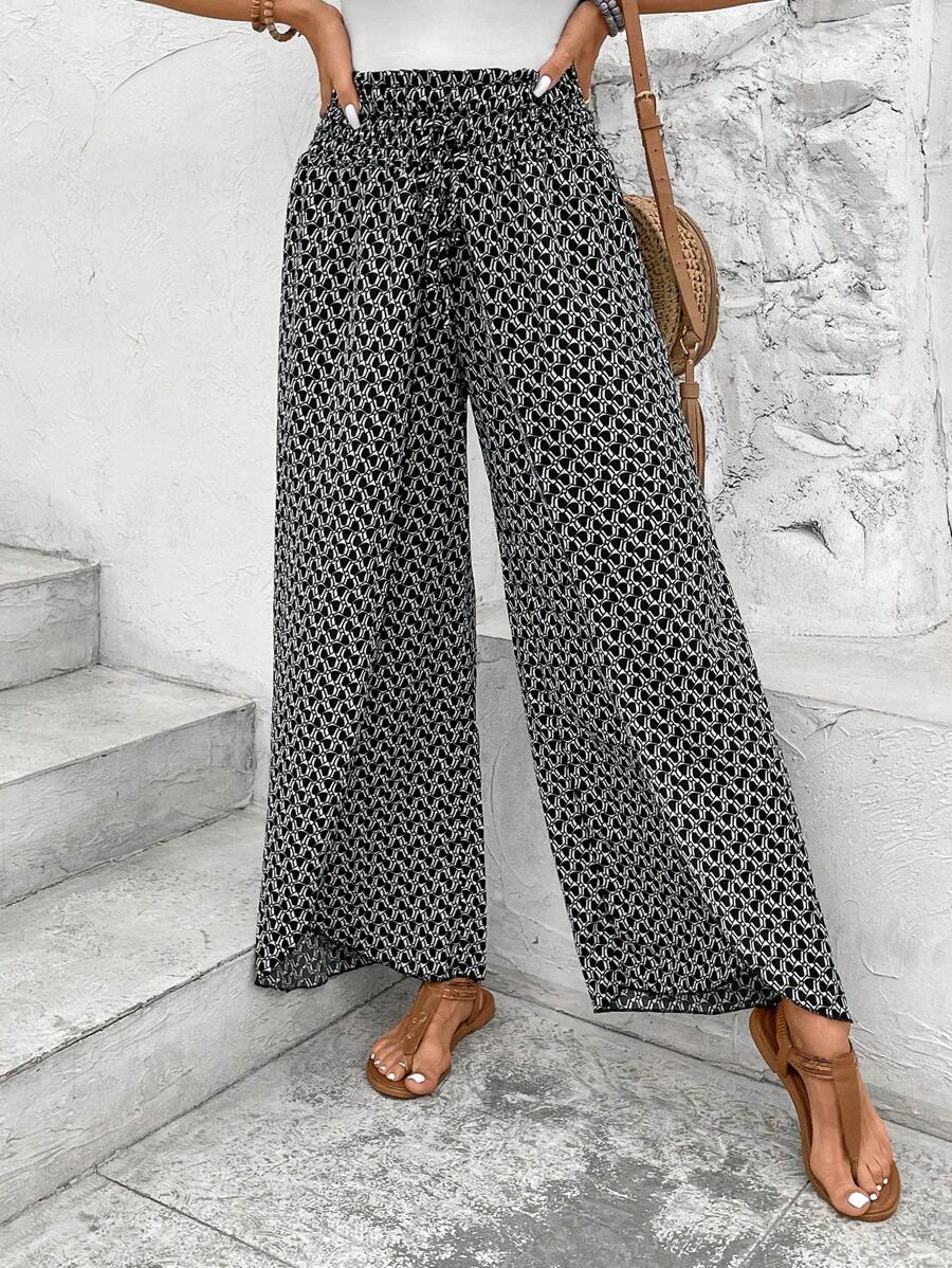 SHEIN Frenchy Allover Print Knot Waist Tulip Hem Wide Leg Baggy Cross Over Pants Winter Chic Brown Casual Spring