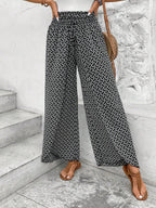 SHEIN Frenchy Allover Print Knot Waist Tulip Hem Wide Leg Baggy Cross Over Pants Winter Chic Brown Casual Spring