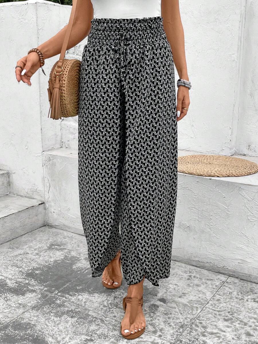 SHEIN Frenchy Allover Print Knot Waist Tulip Hem Wide Leg Baggy Cross Over Pants Winter Chic Brown Casual Spring