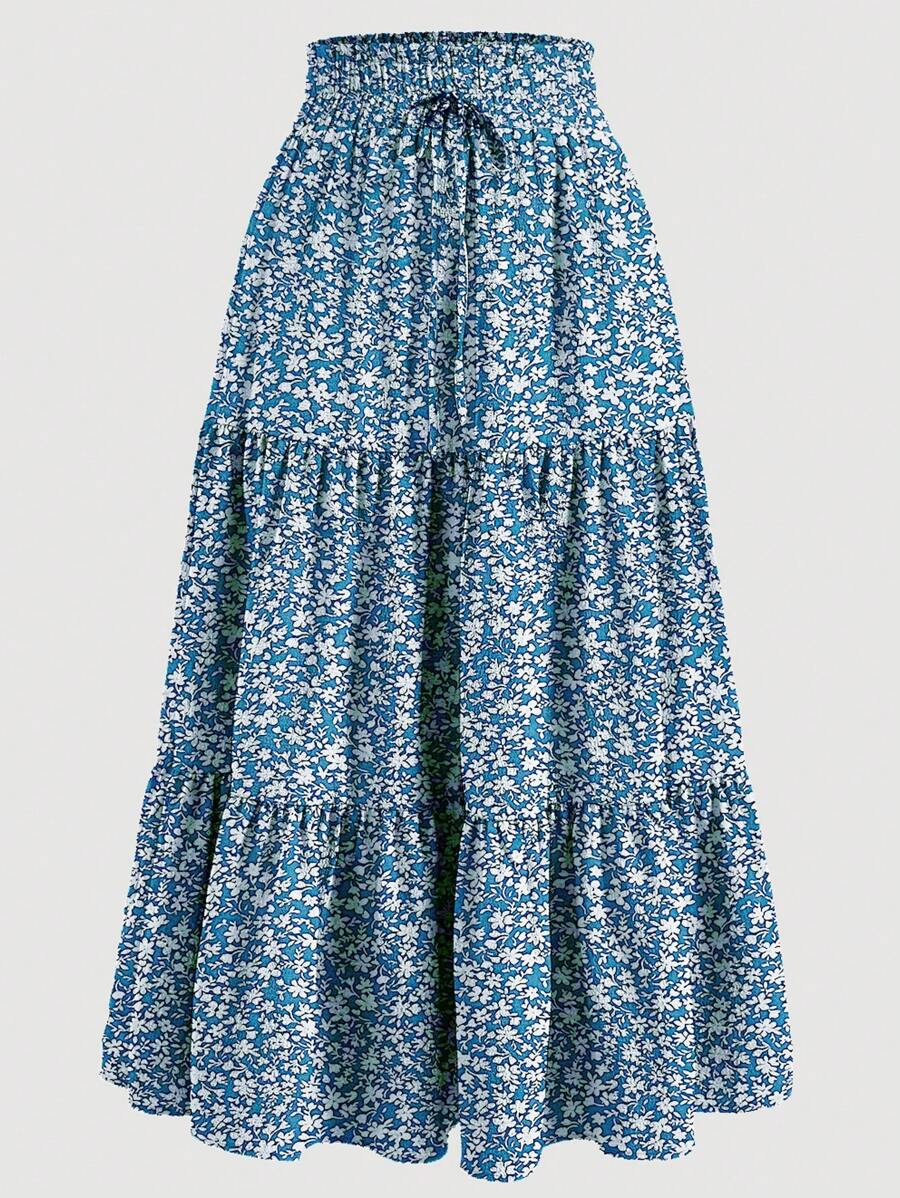 Women's Ditsy Floral Layered Ruffle Elastic Waist Vacation Skirt