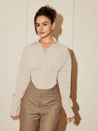 Women Solid Color Long Sleeve Fitted Elegant Blouse, Casual Cardigan Shirt Top, Spring/Autumn Daily Wear