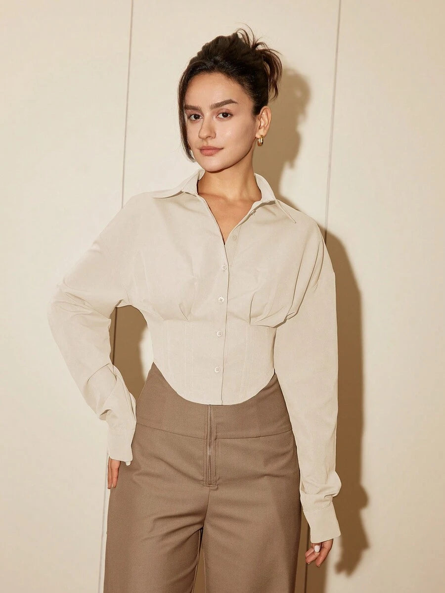 Women Solid Color Long Sleeve Fitted Elegant Blouse, Casual Cardigan Shirt Top, Spring/Autumn Daily Wear
