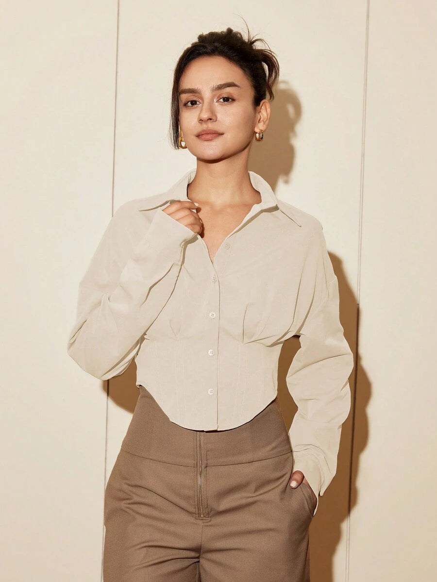 Women Solid Color Long Sleeve Fitted Elegant Blouse, Casual Cardigan Shirt Top, Spring/Autumn Daily Wear