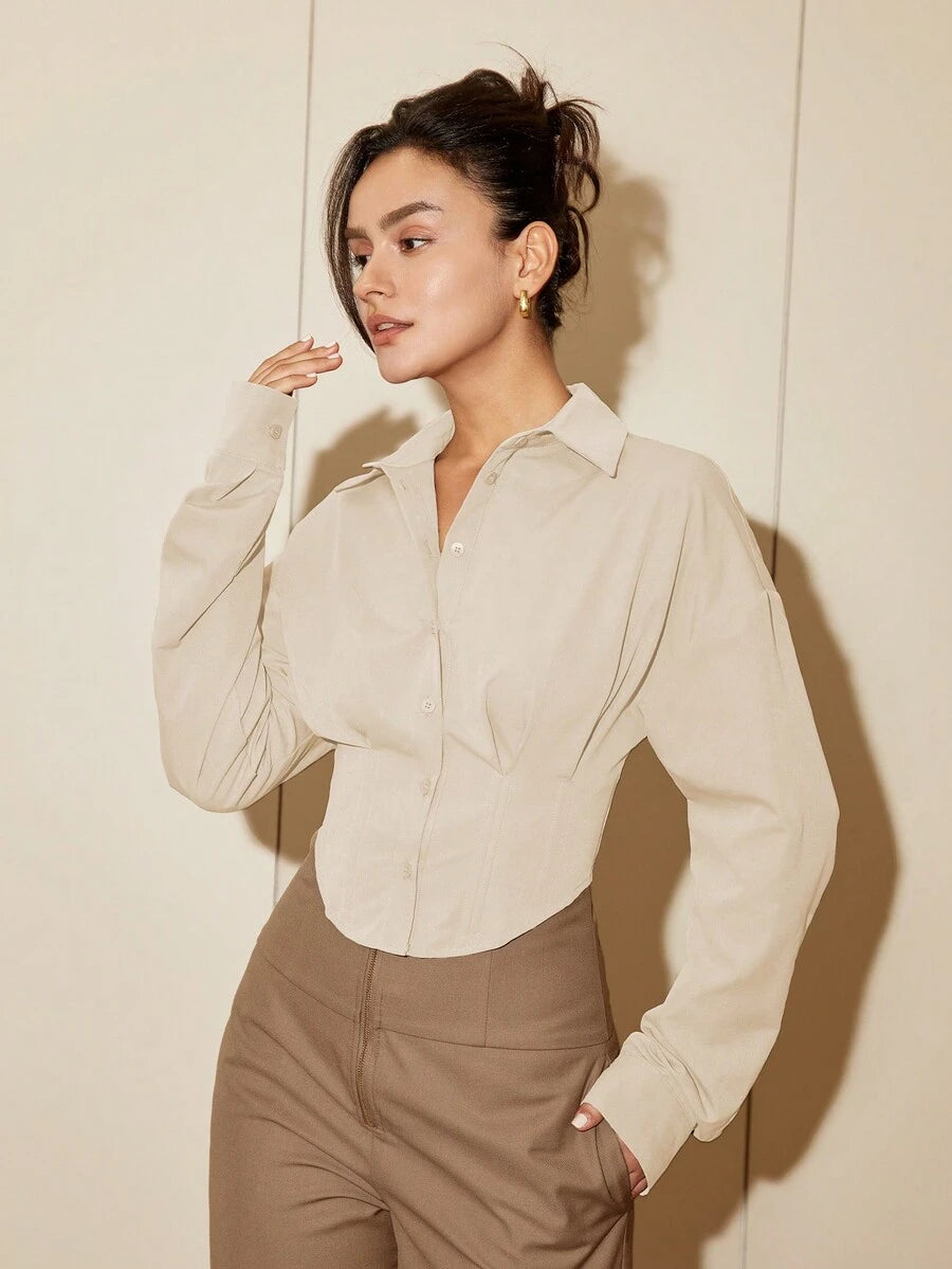 Women Solid Color Long Sleeve Fitted Elegant Blouse, Casual Cardigan Shirt Top, Spring/Autumn Daily Wear