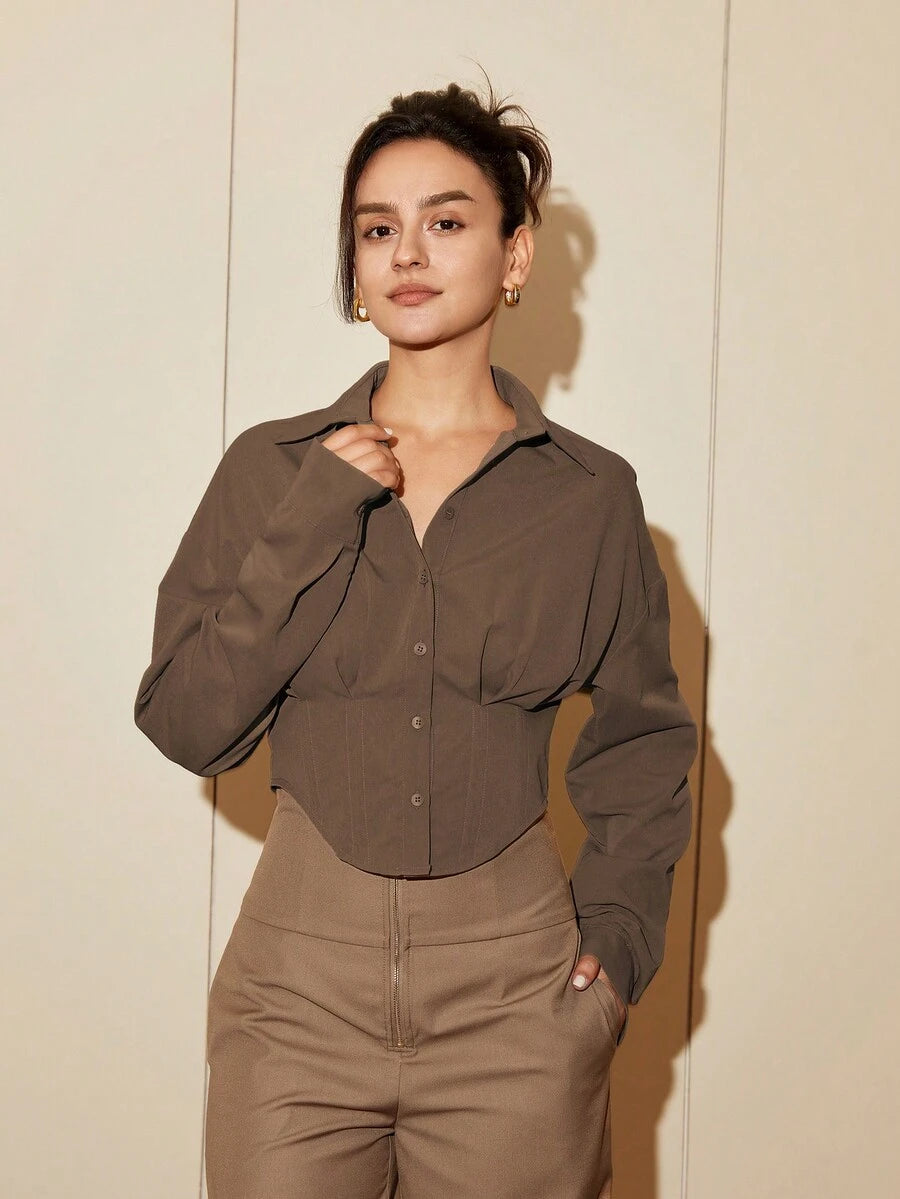 Women Solid Color Long Sleeve Fitted Elegant Blouse, Casual Cardigan Shirt Top, Spring/Autumn Daily Wear
