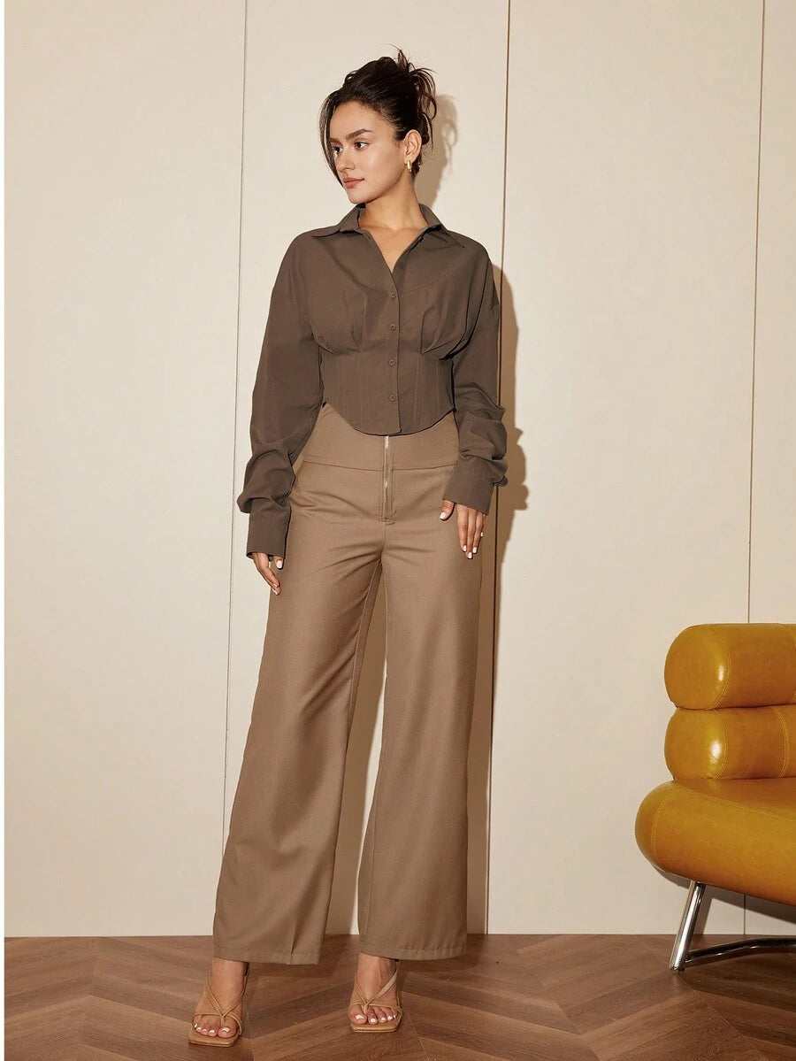 Women Solid Color Long Sleeve Fitted Elegant Blouse, Casual Cardigan Shirt Top, Spring/Autumn Daily Wear