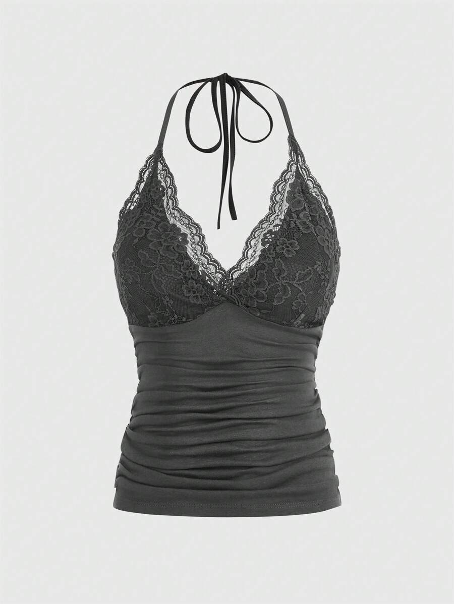 ROMWE PUNK Contrast Lace Ruched Halter Top