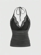 ROMWE PUNK Contrast Lace Ruched Halter Top