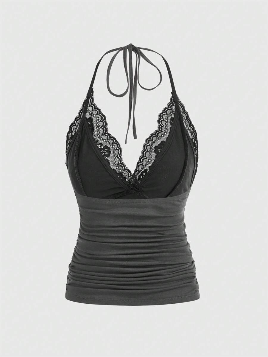 ROMWE PUNK Contrast Lace Ruched Halter Top