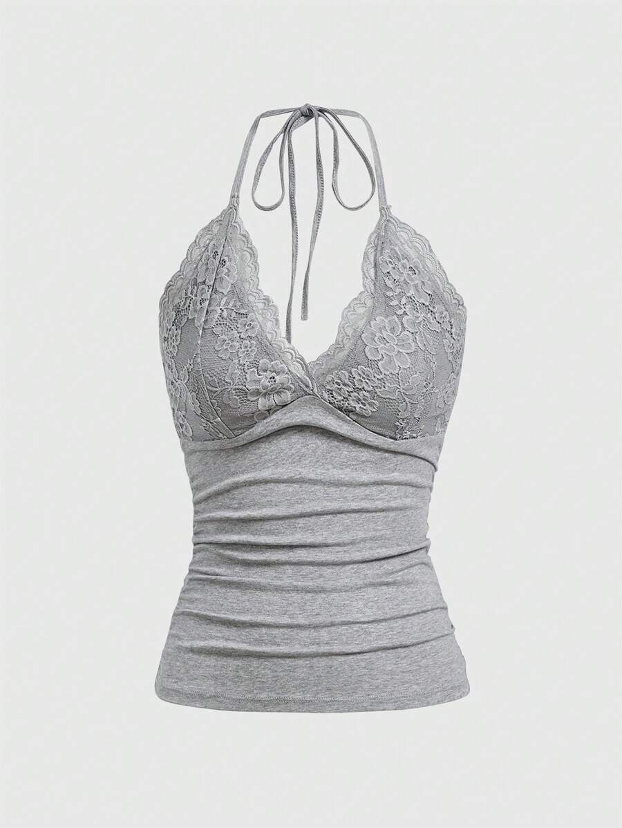 ROMWE PUNK Contrast Lace Ruched Halter Top