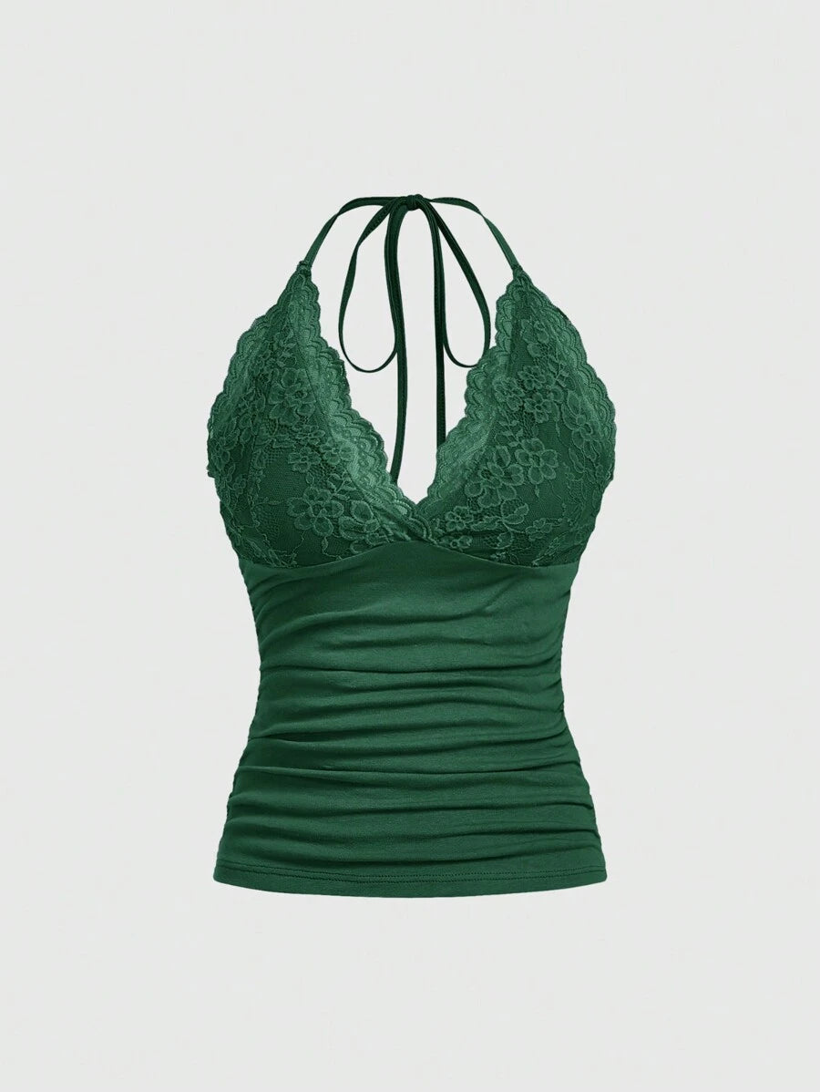 ROMWE PUNK Contrast Lace Ruched Halter Top