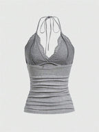 ROMWE PUNK Contrast Lace Ruched Halter Top