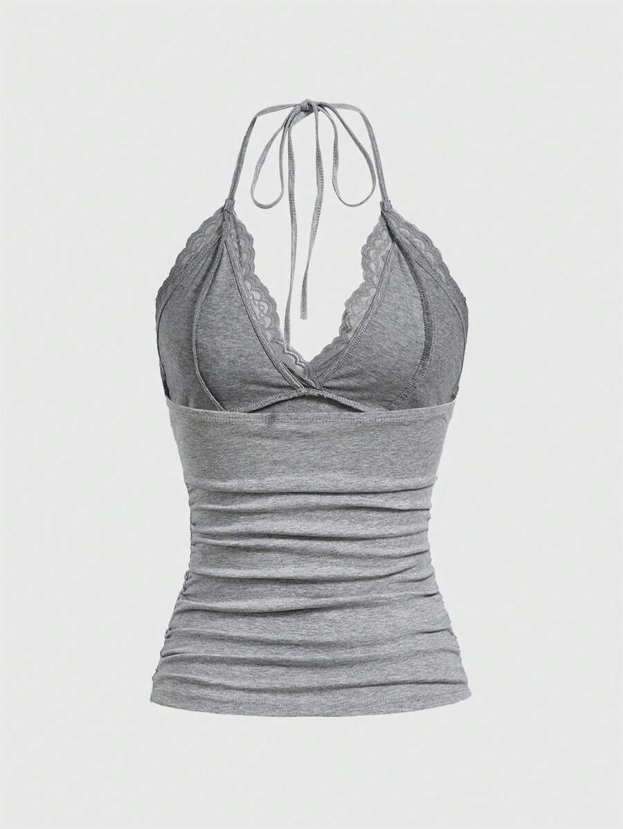 ROMWE PUNK Contrast Lace Ruched Halter Top