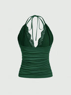 ROMWE PUNK Contrast Lace Ruched Halter Top